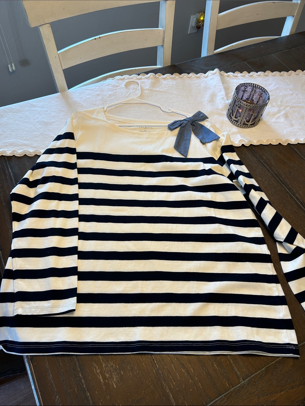 Talbots Plus Cream Cotton Boatneck Top with Shoulder Bow Detail